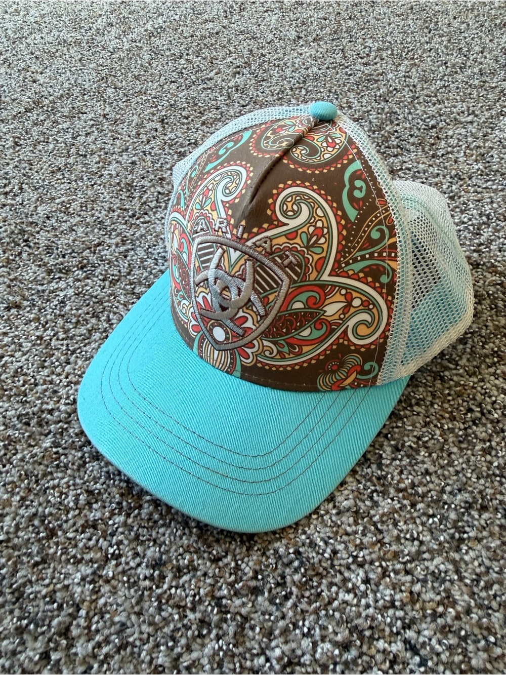 Ariat Paisley Trucker Hat Turquoise Brown Western Cowgirl Mesh Snapback Cap